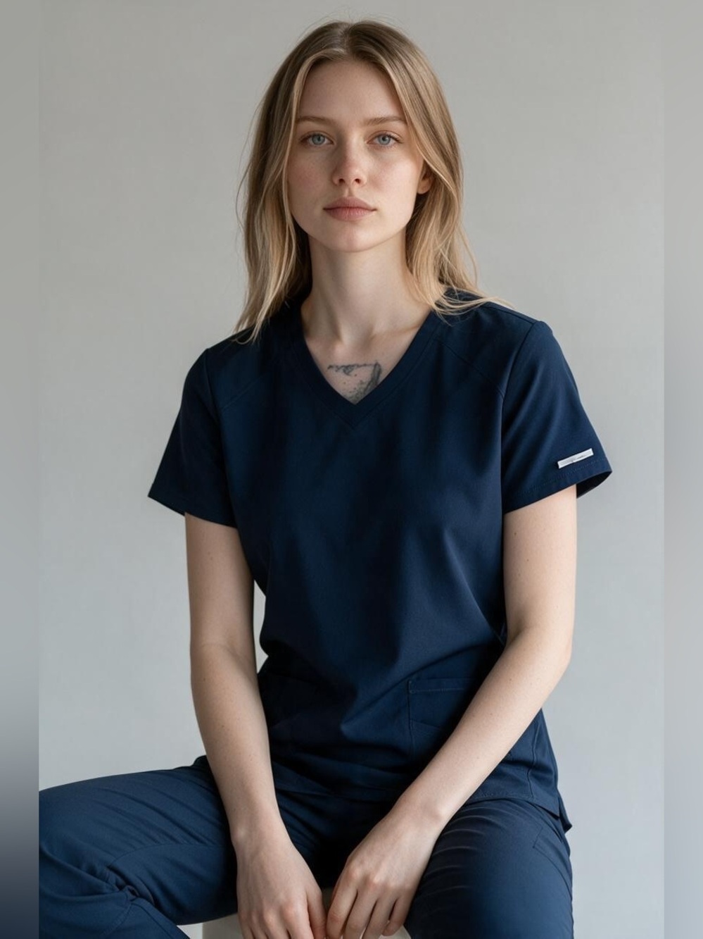 Skechers by Barco Women’s Medical Scrub Top Medium Navy Blue V-Neck Mock Wrap NW